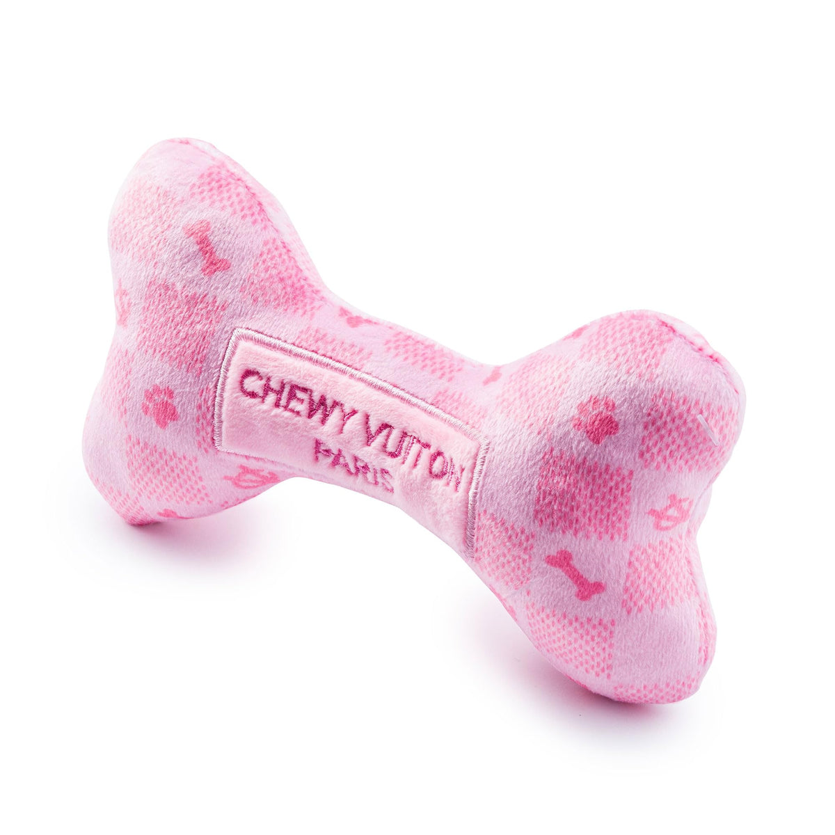 Haute Diggity Dog Chewy Vuiton rosa a cuadros, hueso suave con sonajero.
