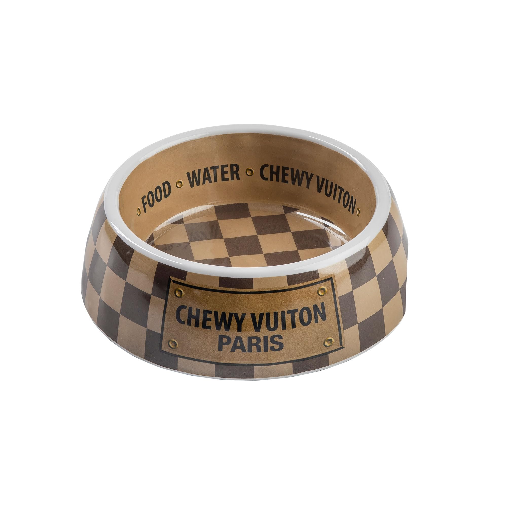 Haute Diggity Dog duo cuencos Checker Chewy Vuiton, ideal para comida y agua con base antideslizante.