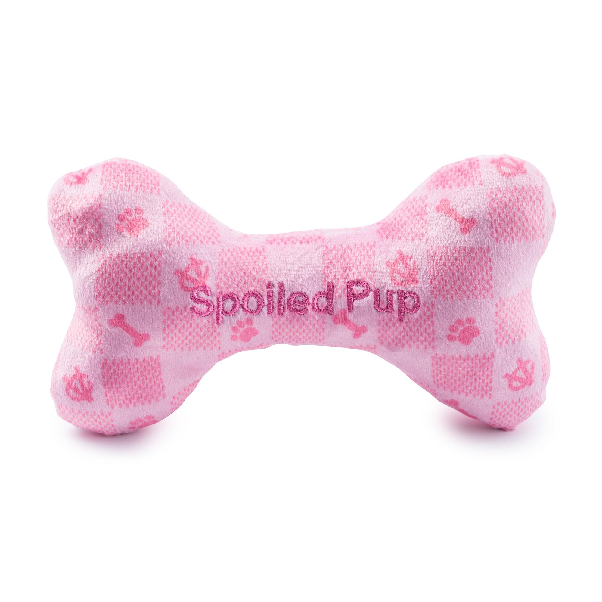 Hueso rosa a cuadros en peluche, textura suave para juego interactivo.