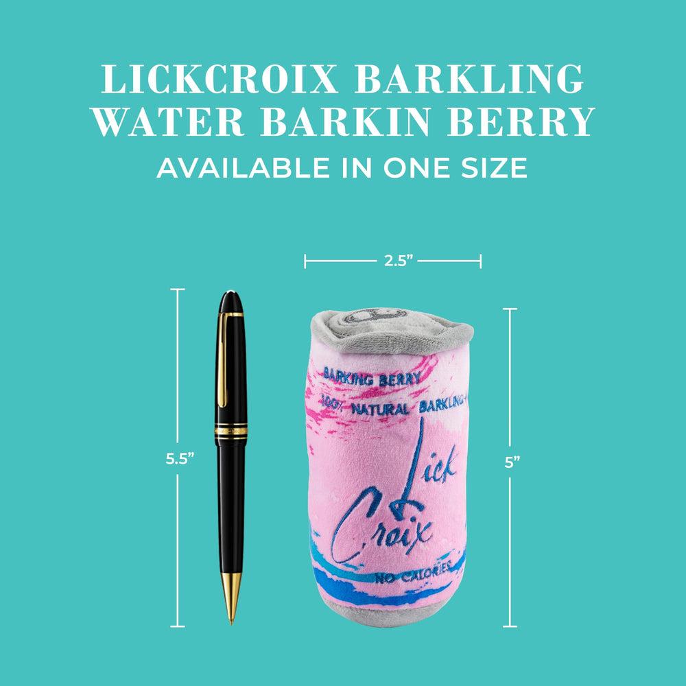 LickCroix Barkling Water Barkin Berry exterior rosado y azul para mordiscos suaves y juego diario