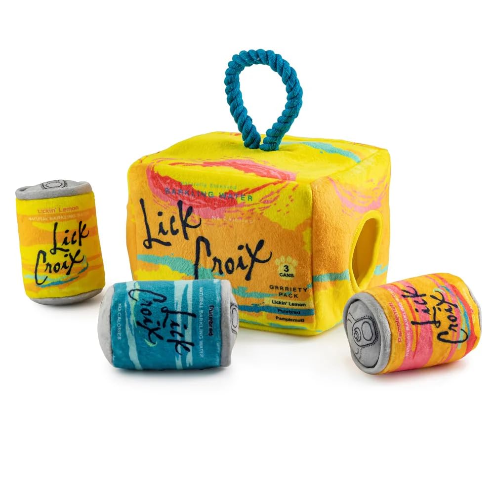 Juguete Haute Diggity Dog LickCroix Grrriety Pack con latas interactivas para estimular el juego.