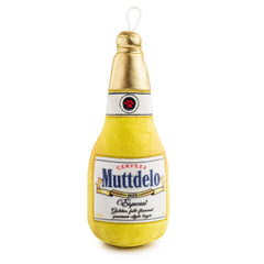 Haute Diggity Dog Muttdelo botella de cerveza amarilla, juguete interactivo para perros.