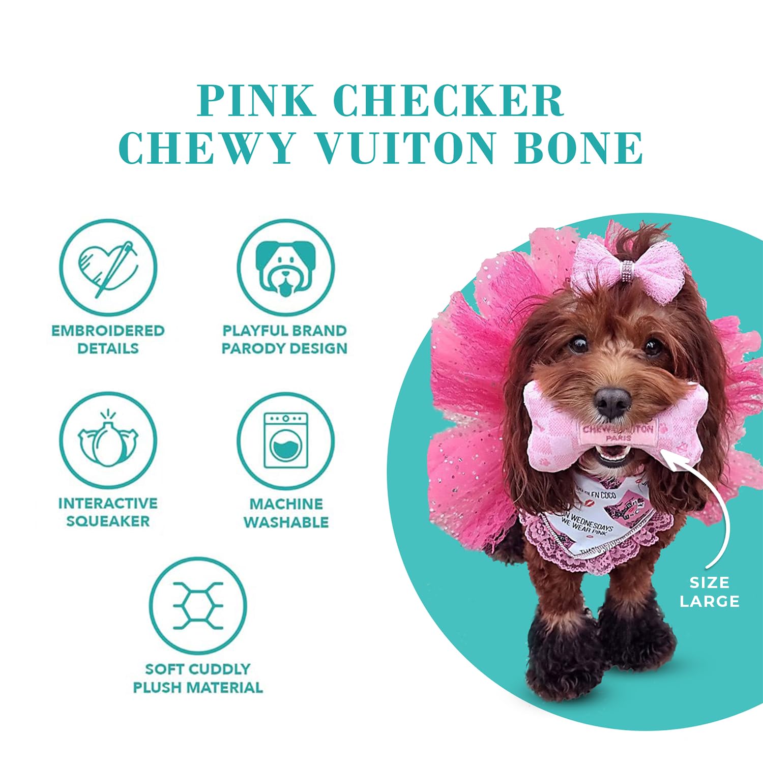 Haute Diggity Dog Peluche Rosa Chewy Vuiton para juego prolongado.