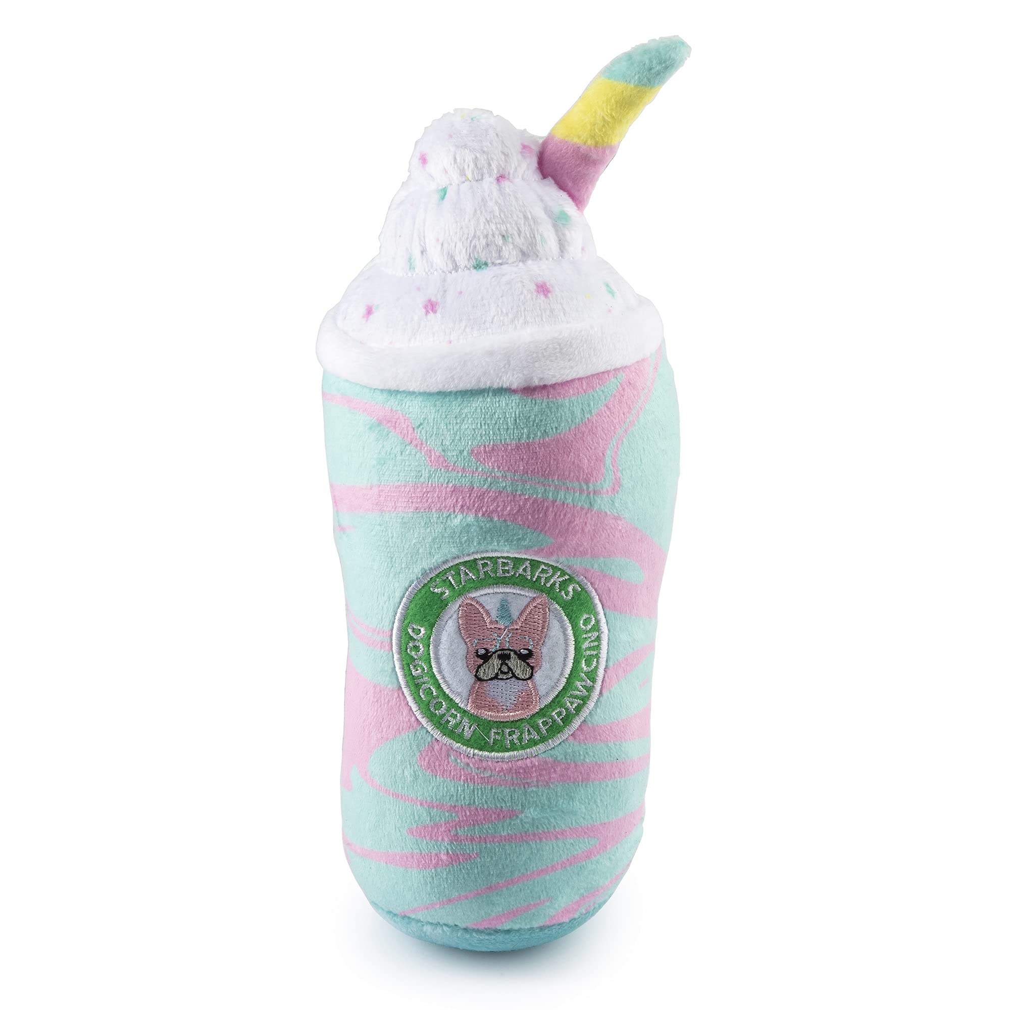 Starbarks Dogicorn Frapawccino: exterior de peluche rosa y azul, ideal para abrazos y juego suave