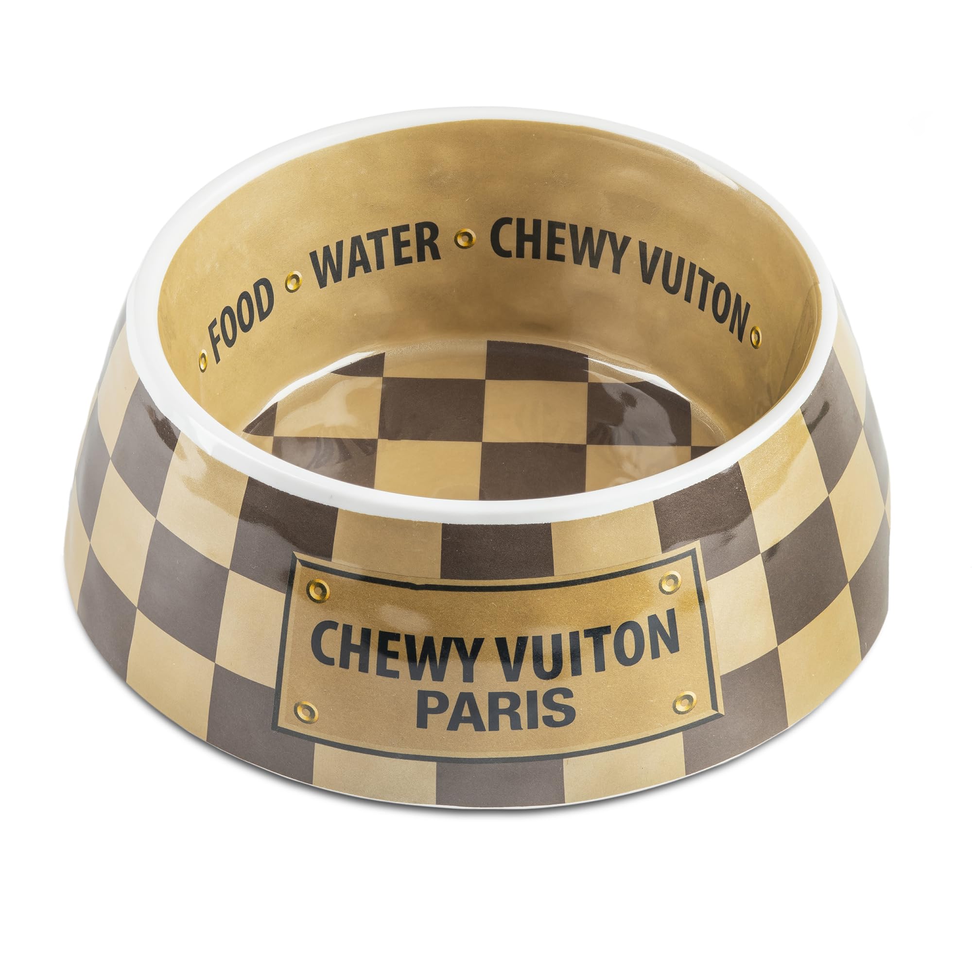 Tazón Checker Chewy Vuiton para agua, melamina segura para lavavajillas.