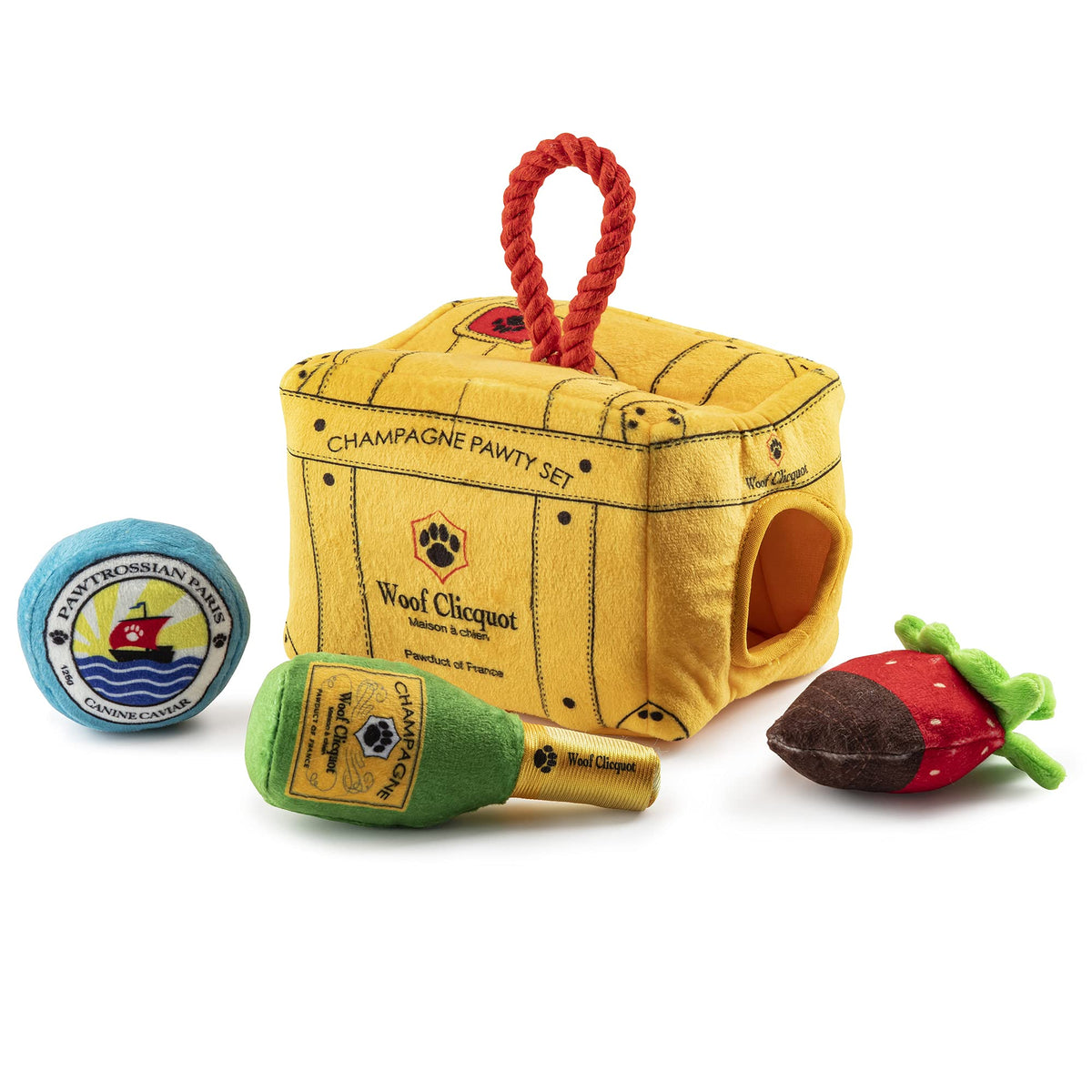 Haute Diggity Dog Woof Clicquot, maletín chic con juguetes plush para juego interactivo