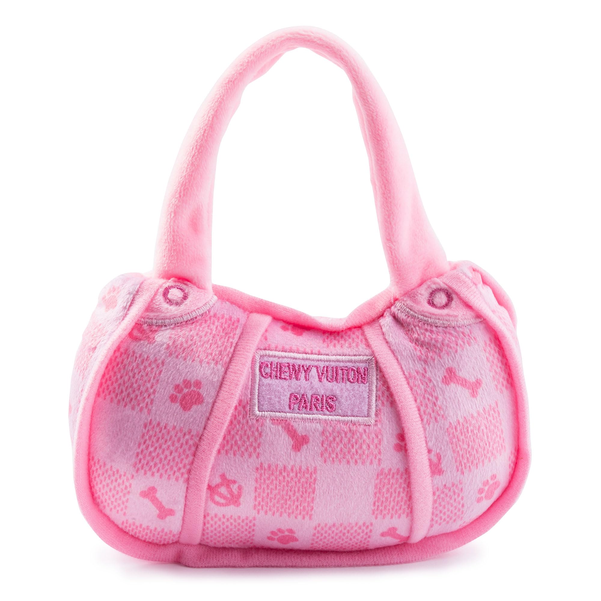 Haute Diggity Dog Chewy Vuiton rosa con cuadros, ideal para juego interactivo.