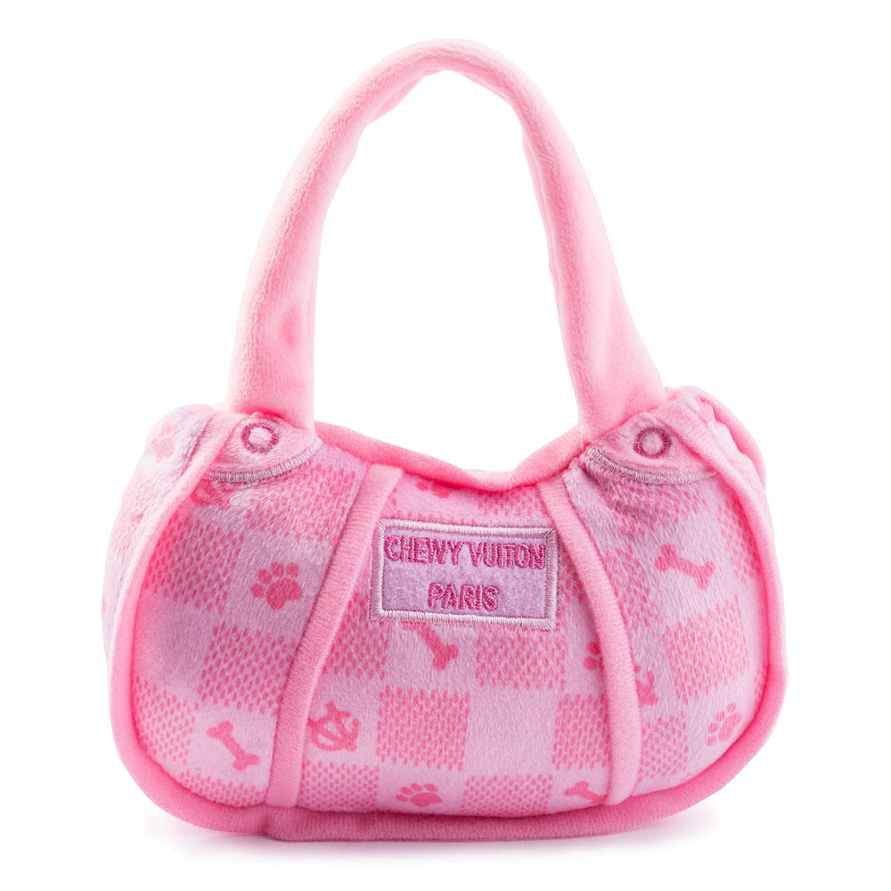 Haute Diggity Dog Chewy Vuiton rosa con cuadros, ideal para juego interactivo.