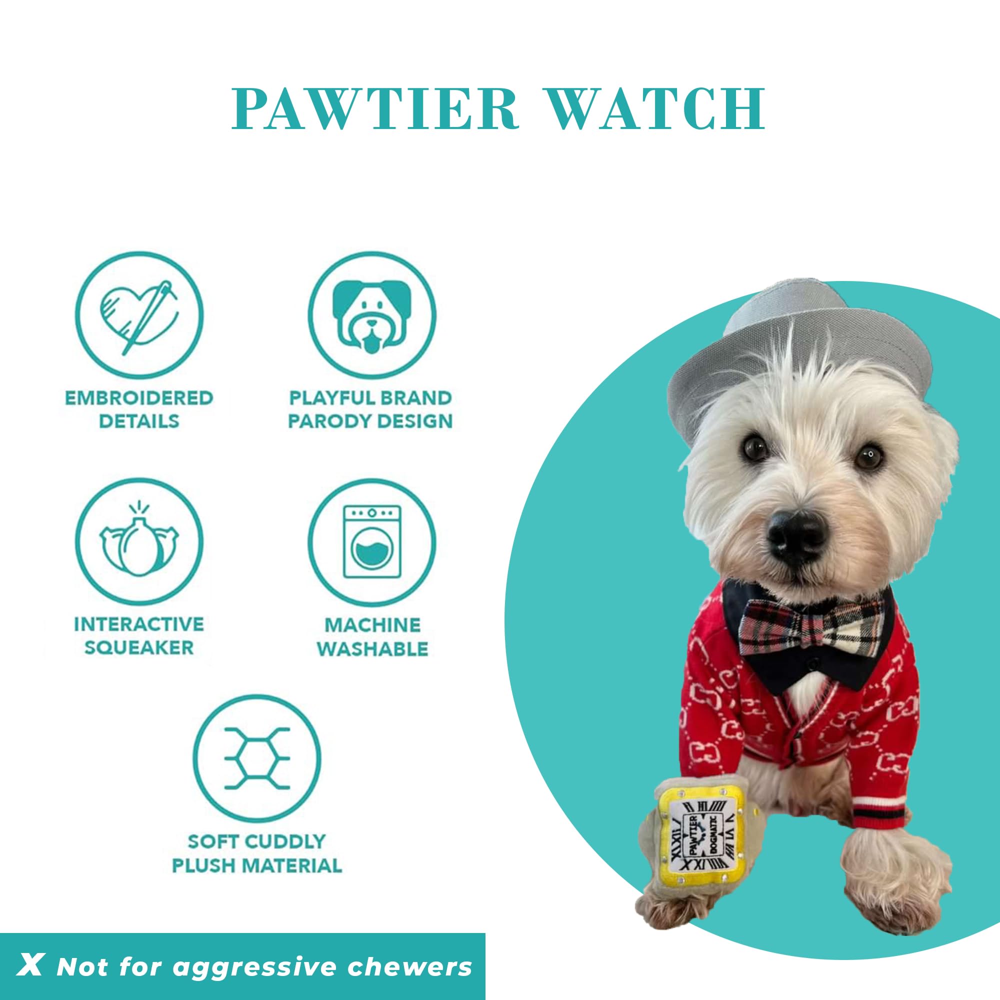 Pawtier Watch con bordado detallado que añade elegancia al juguete.