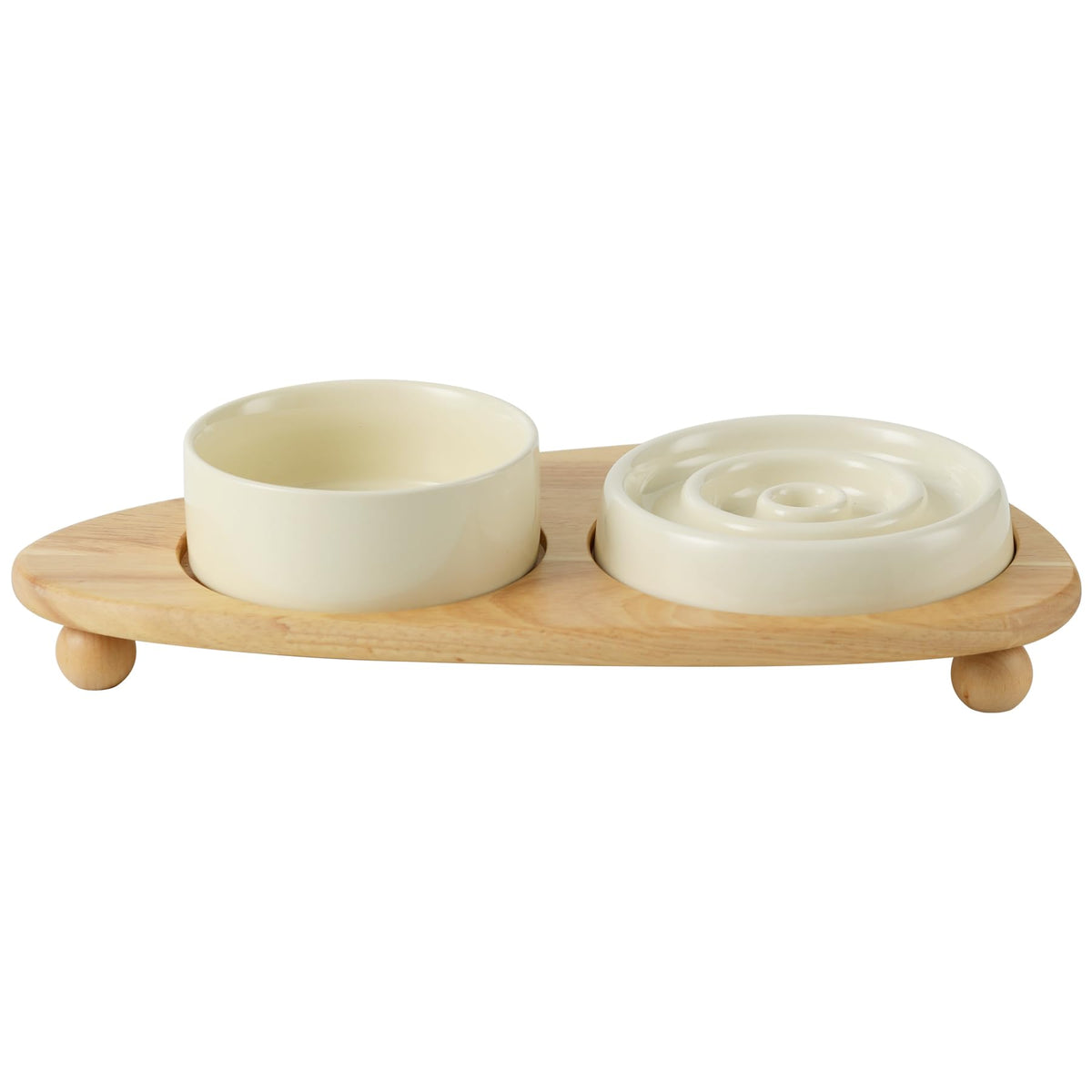 Havniva comedero cerámico lento para gato con base de madera beige, facilita comer despacio