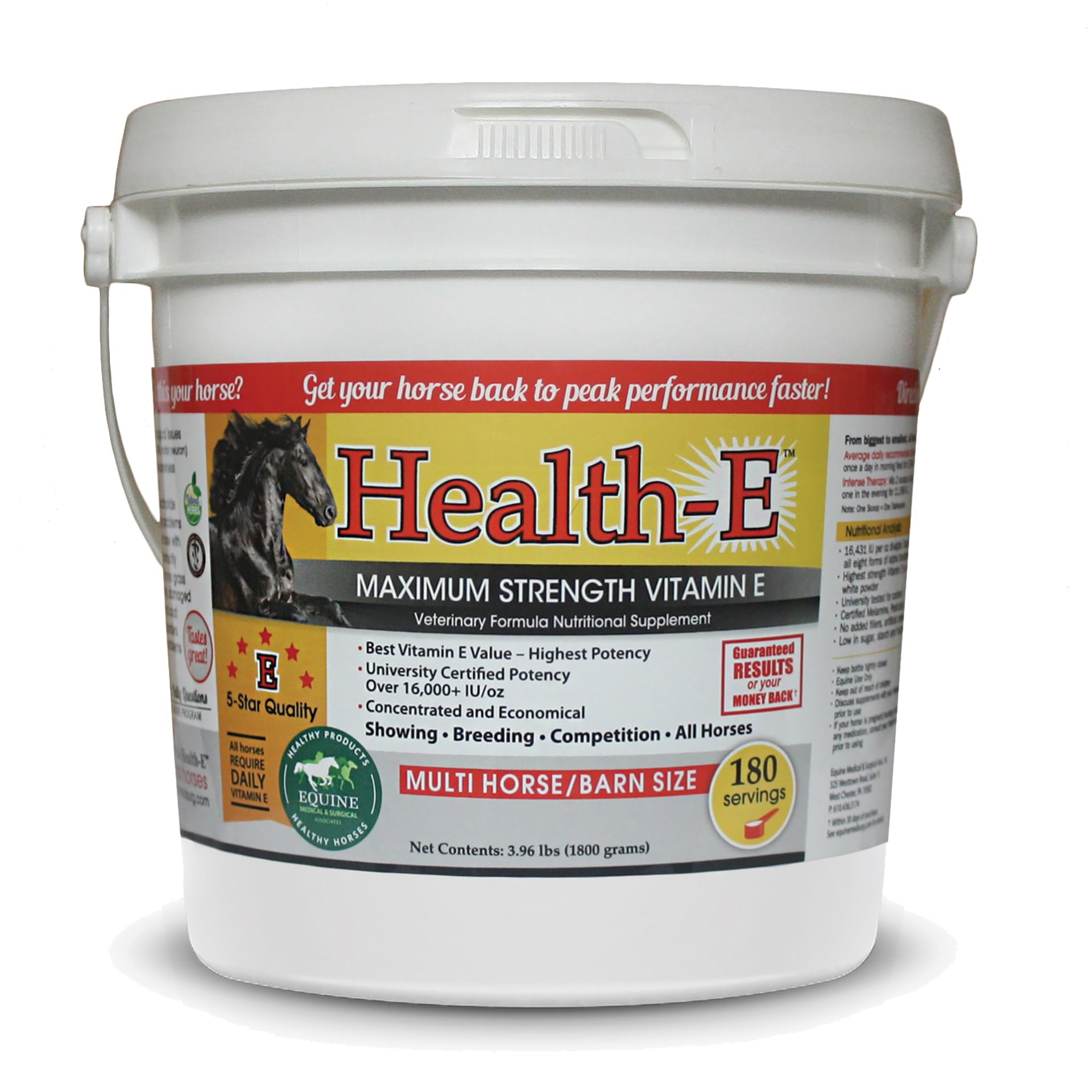 Health-E Vitamina E en polvo para caballos, apoyo a inmunidad y salud muscular.