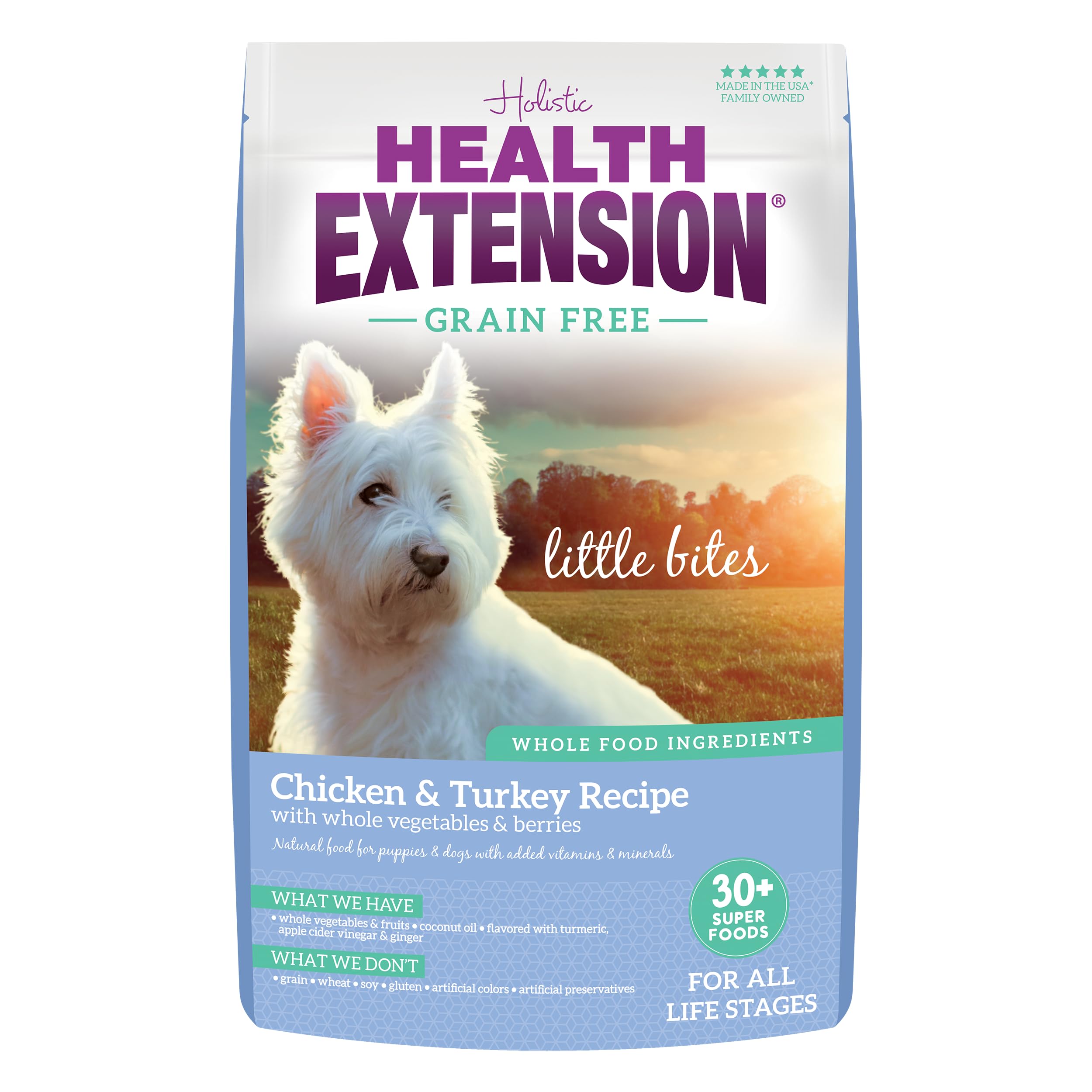 Health Extension croquetas sin granos en bolsa frontal con pollo y pavo, ideal para perros pequeños.