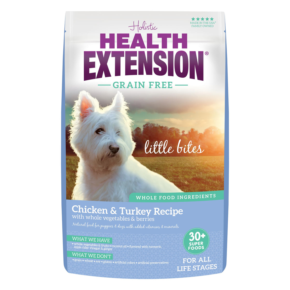 Health Extension croquetas sin granos en bolsa frontal con pollo y pavo, ideal para perros pequeños.