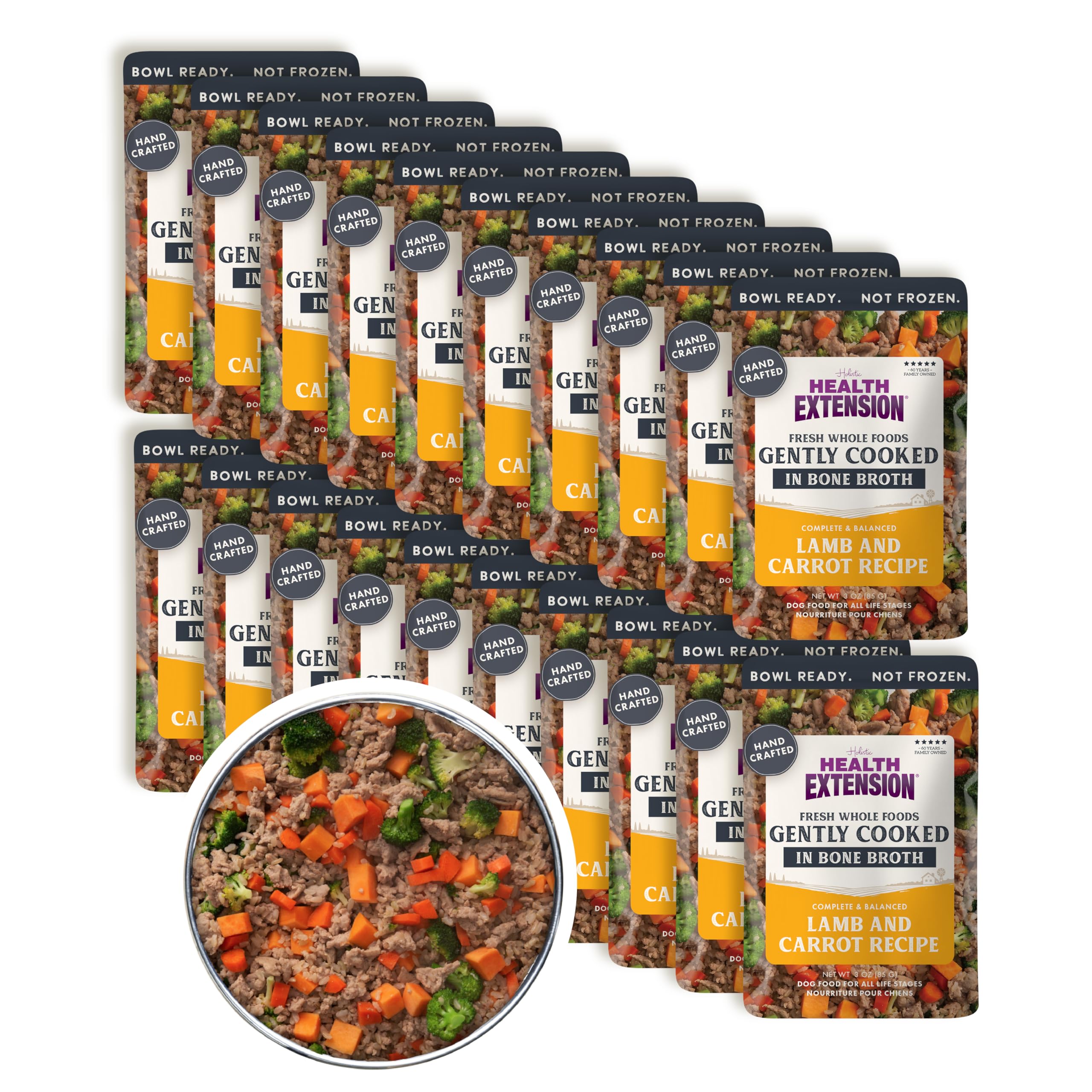 Health Extension: cordero y zanahoria en plato, comida lista para perros exigentes.