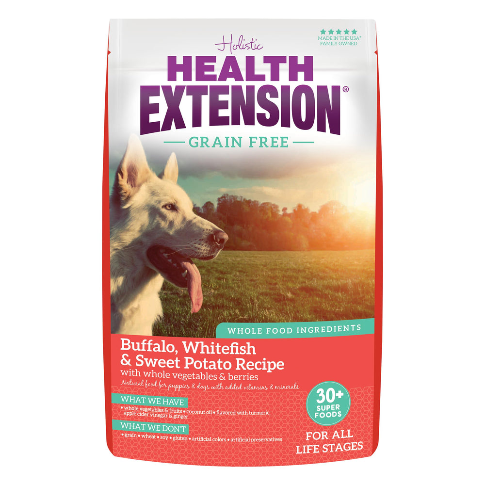 Health Extension Buffalo-Whitefish sin granos, croquetas secas para perros.