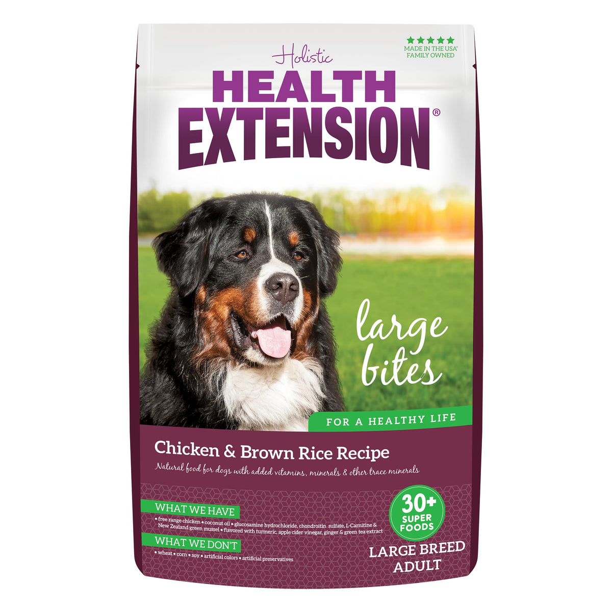 Health Extension Large Bites croquetas grandes con pollo y arroz para perro grande, energía sostenida