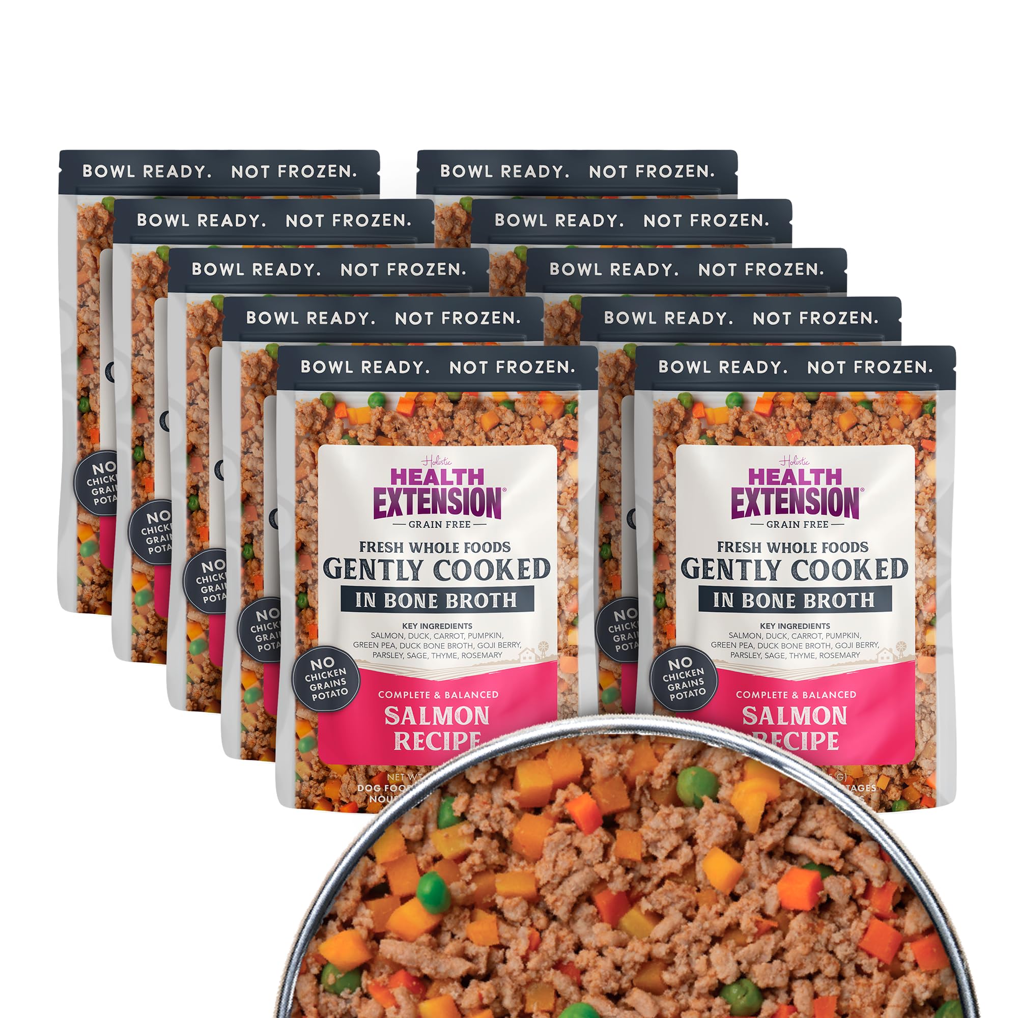 Health Extension Salmon: plato listo para perro, sabor hogareño y práctico.