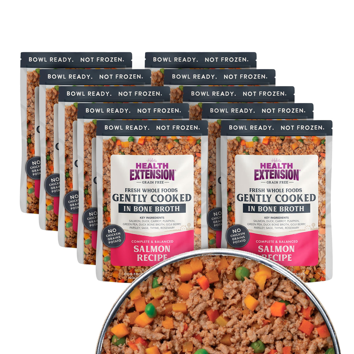 Health Extension Salmon: plato listo para perro, sabor hogareño y práctico.