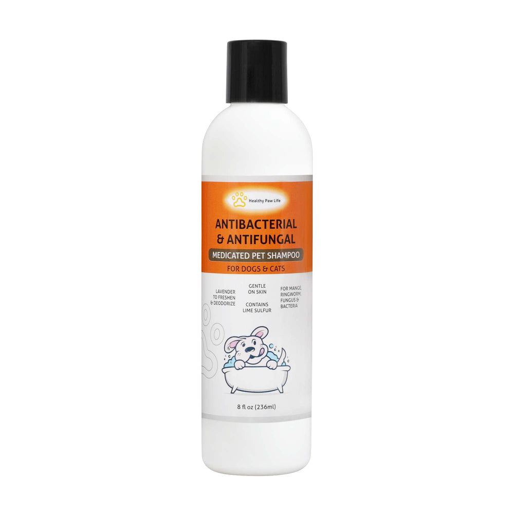 Champú Healthy Paw Life de azufre de lima en botella, cuidado suave.