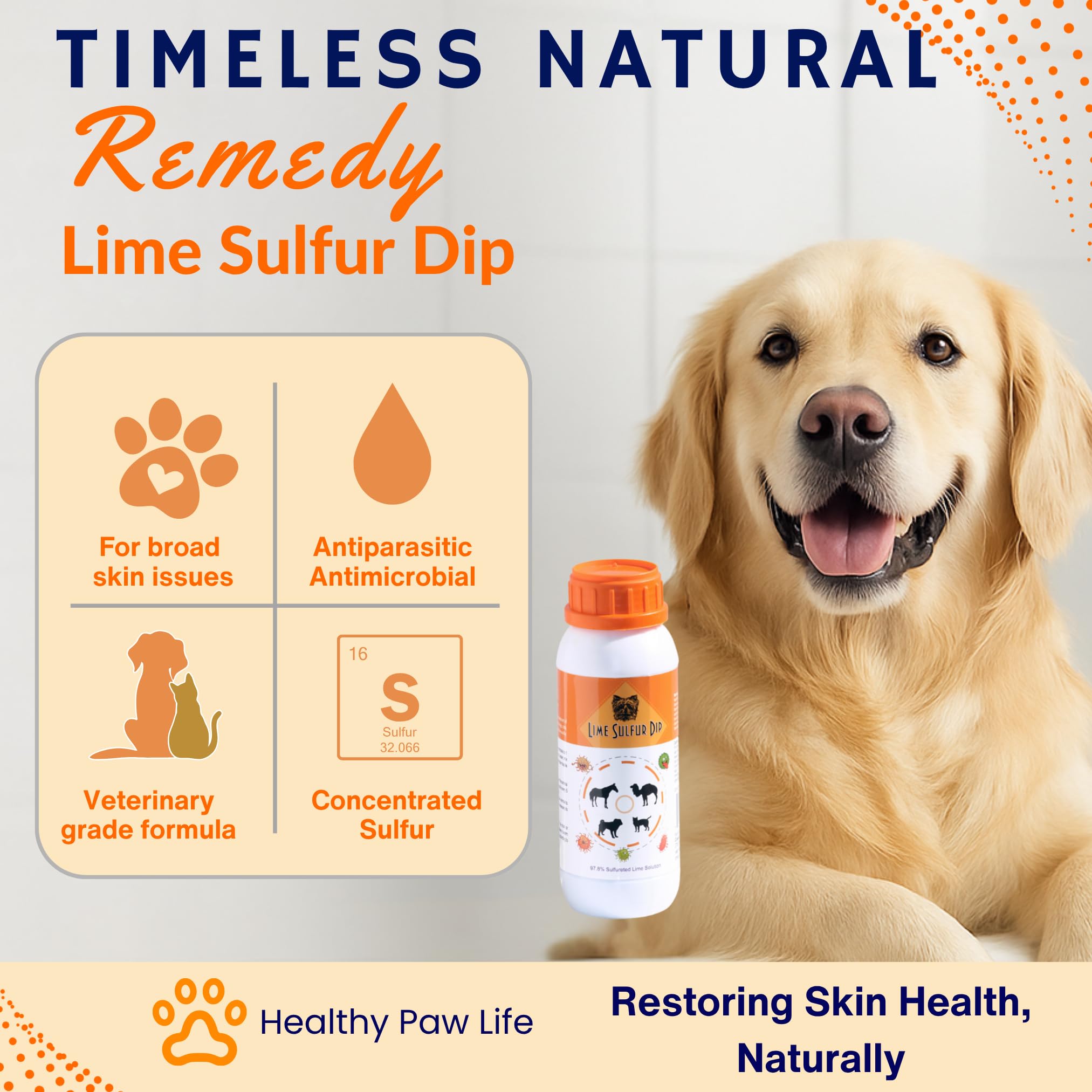 Healthy Paw Life dip azufre lima, aplicación sin enjuague para piel irritada en mascotas.