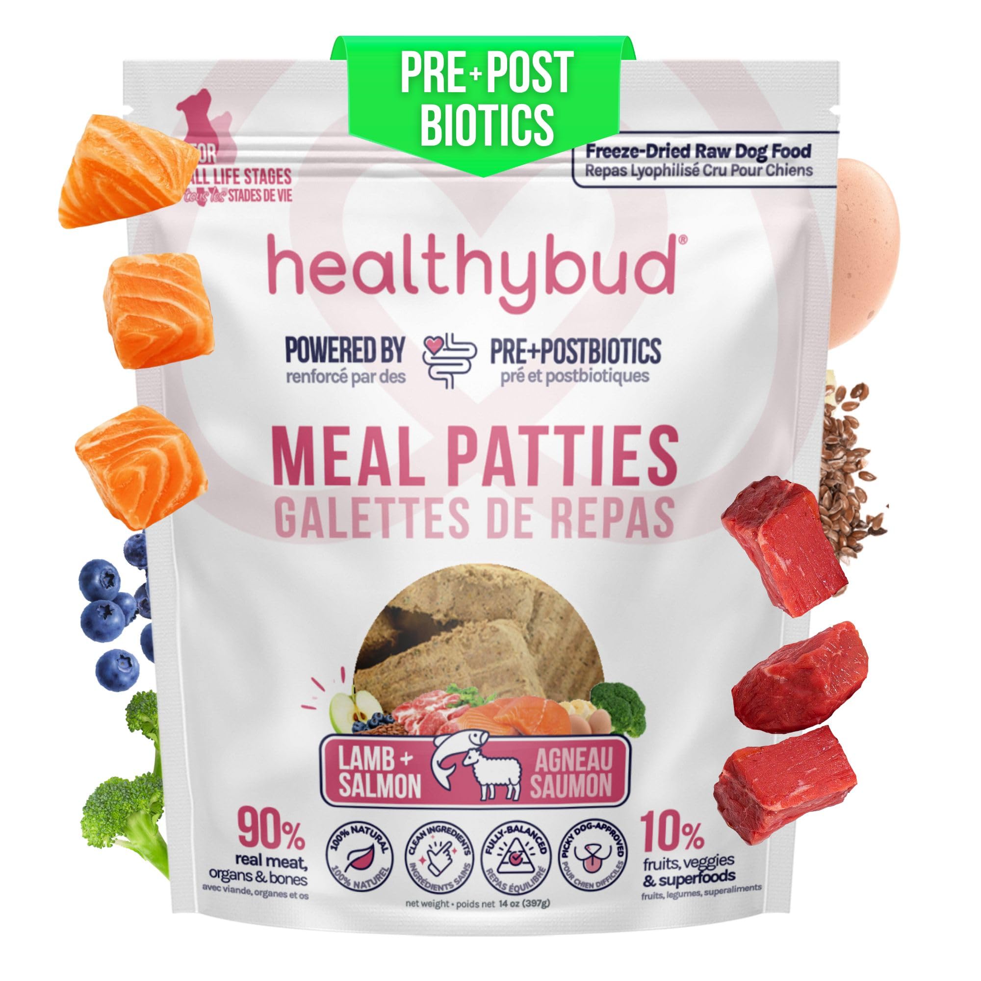 Healthybud hamburguesa de salmón en empaque, lista para servir como comida completa