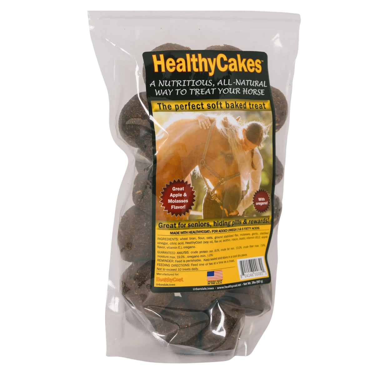 HealthyCakes de Healthy Coat, empaque principal, premio suave para caballos.