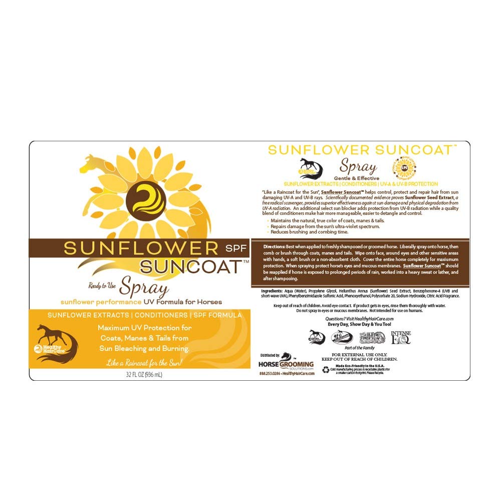Healthy Haircare Product Sunflower Suncoat SPF: etiqueta frontal que indica protección para el pelaje.
