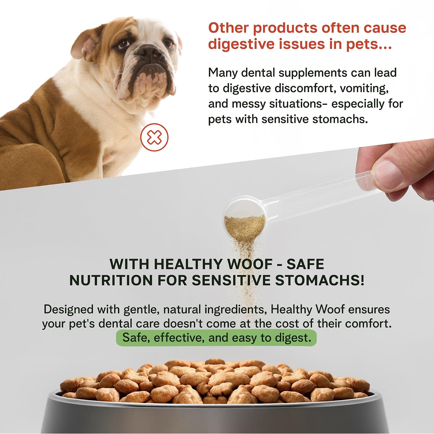 60 porciones de Healthy Woof para uso diario sin complicaciones.