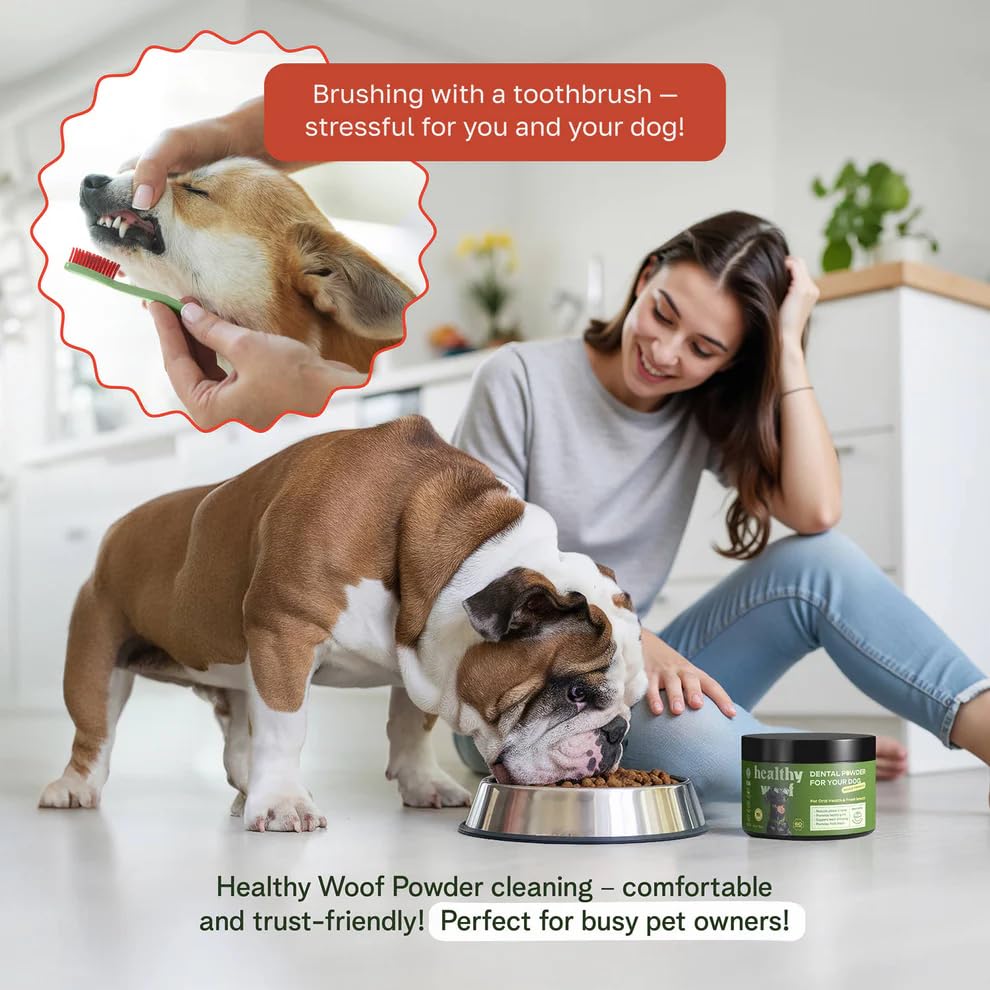 Perro disfruta caldo dental Healthy Woof sin cepillado.
