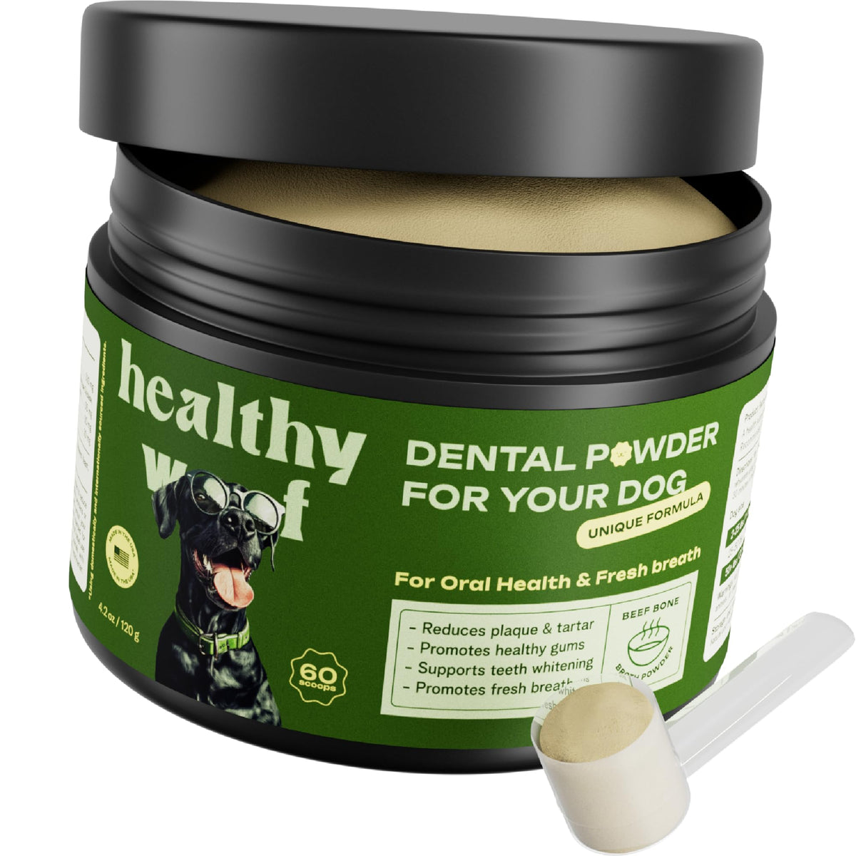 Healthy Woof polvo dental para perros, empaque visible, aliento fresco.