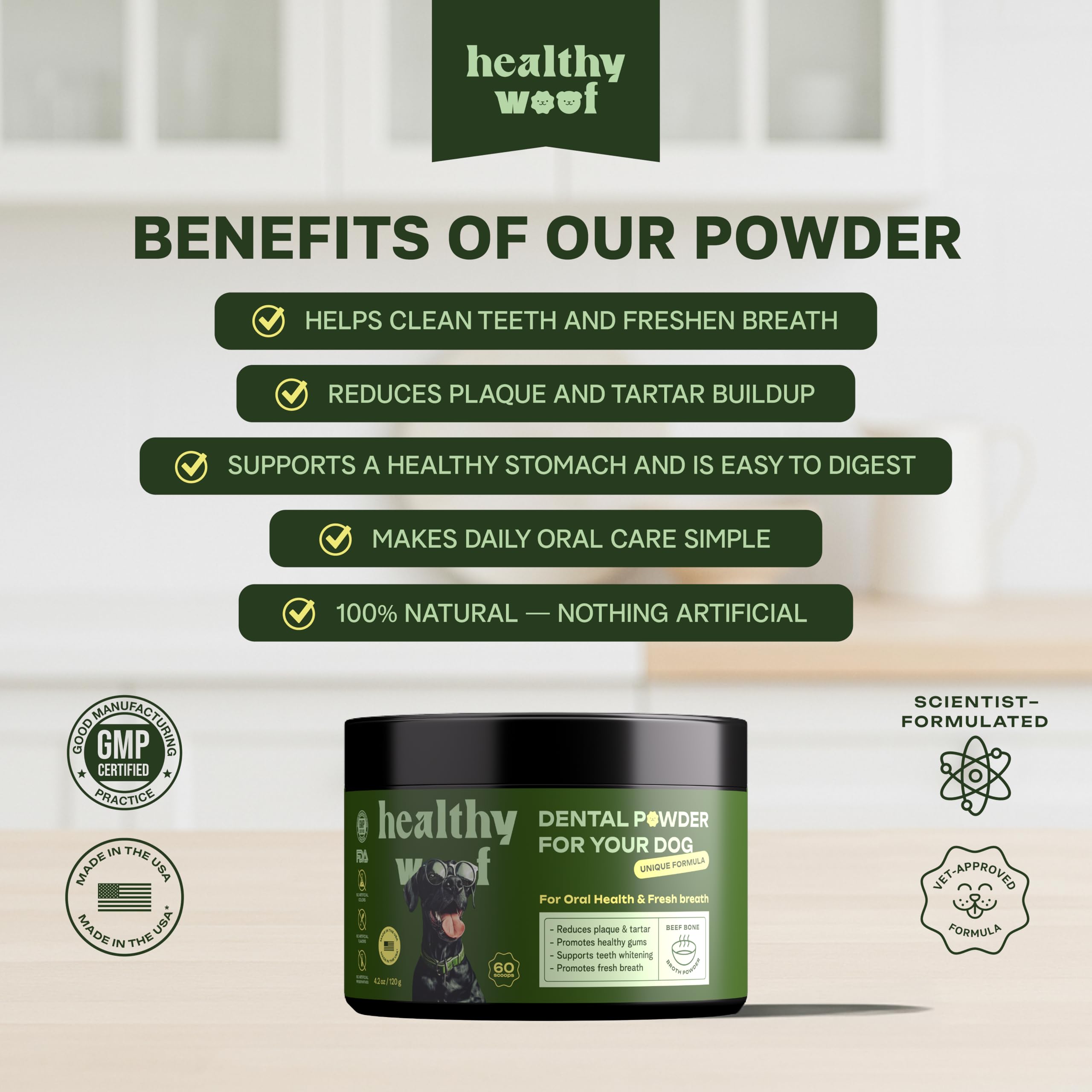 Healthy Woof polvo dental se vierte en agua para crear caldo sabroso.