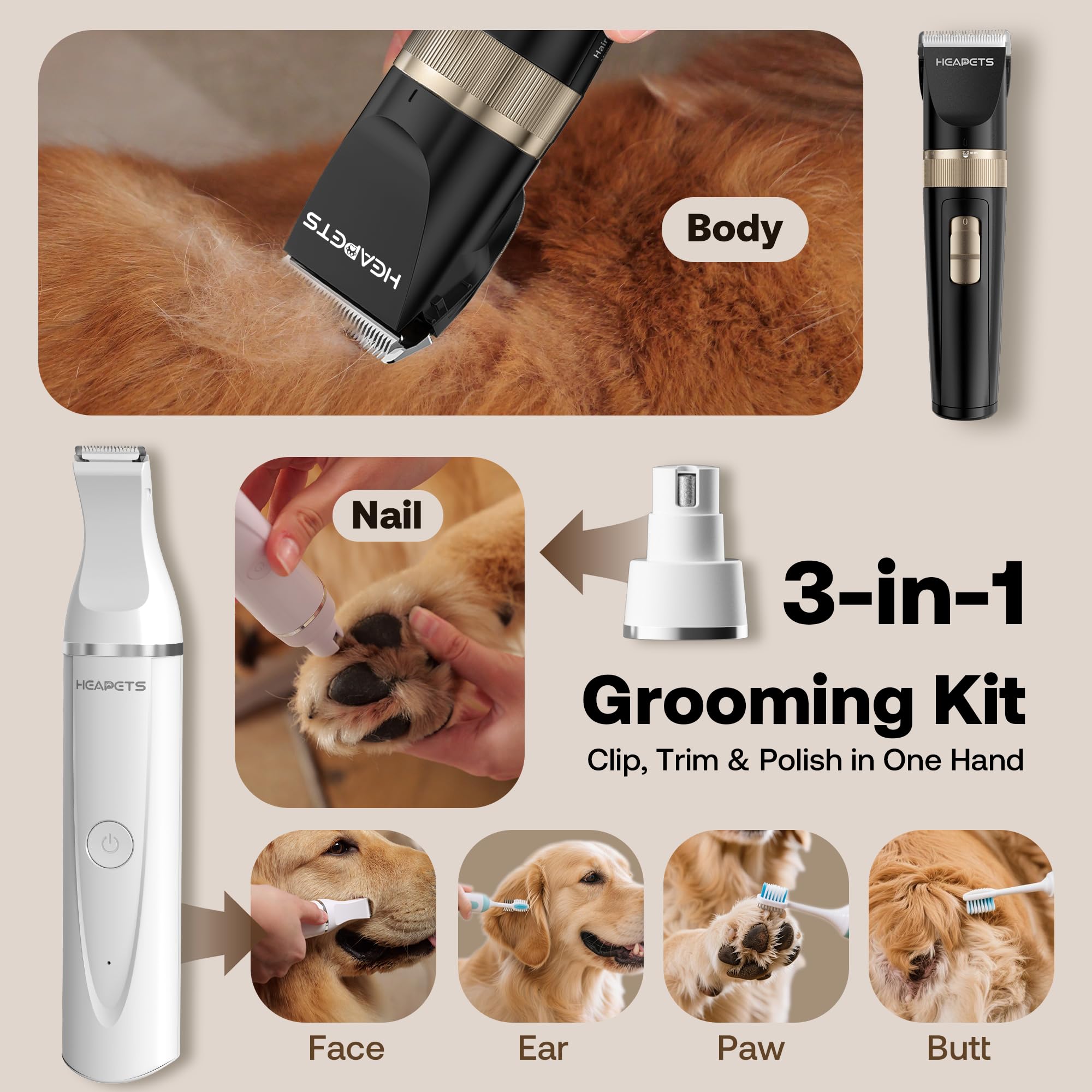 HEAPETS cortapelos kit para cara y orejas con precisión suave
