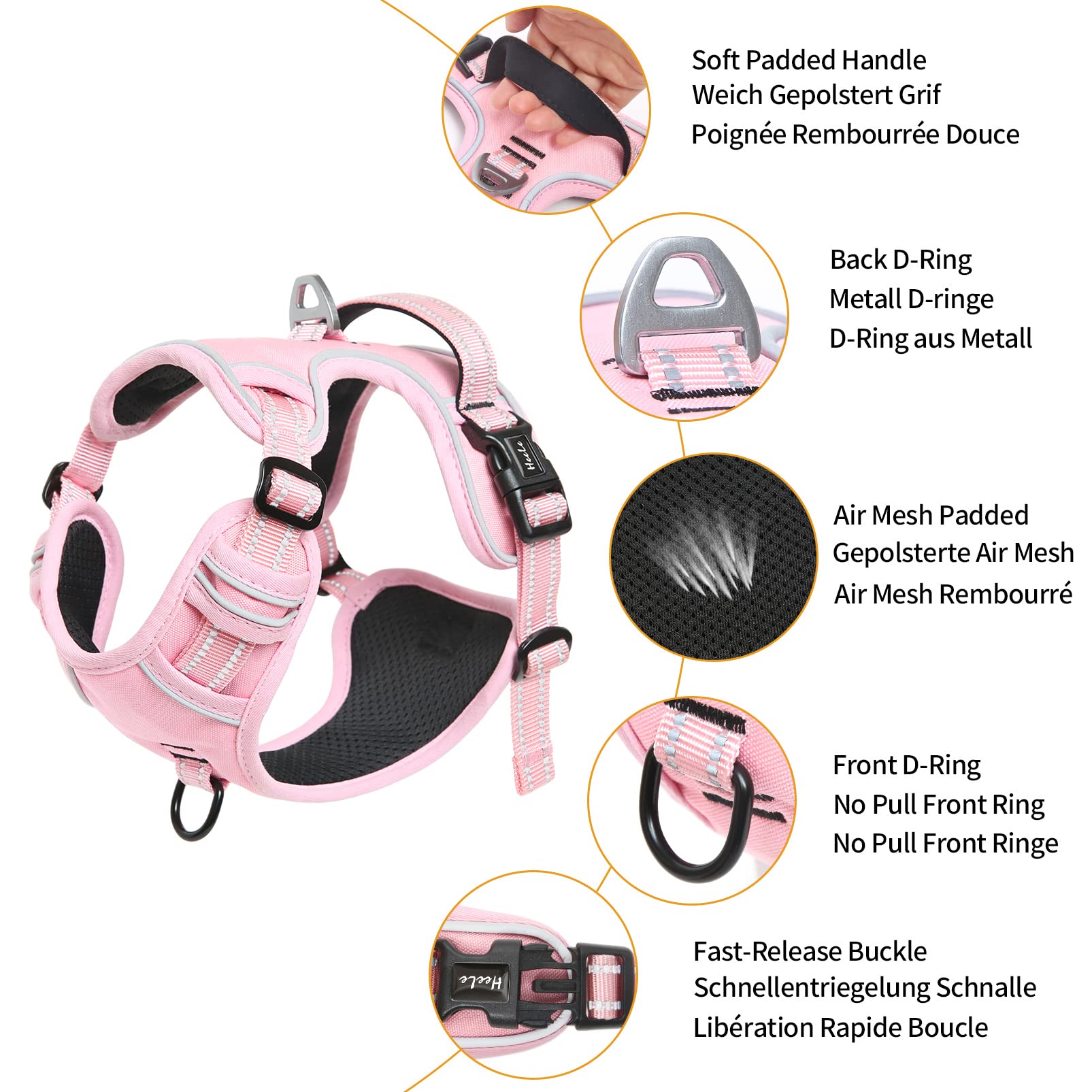 Arnés HEELE rosa, diseño sin tirones para paseos más tranquilos.