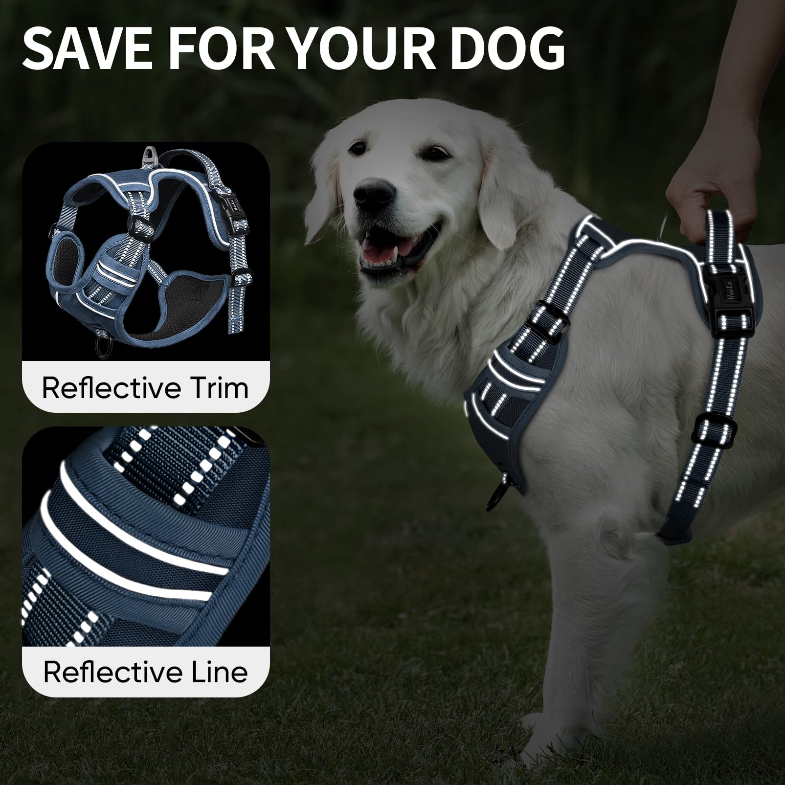 HEELE arnés con cintas reflectantes para caminatas nocturnas más visibles.