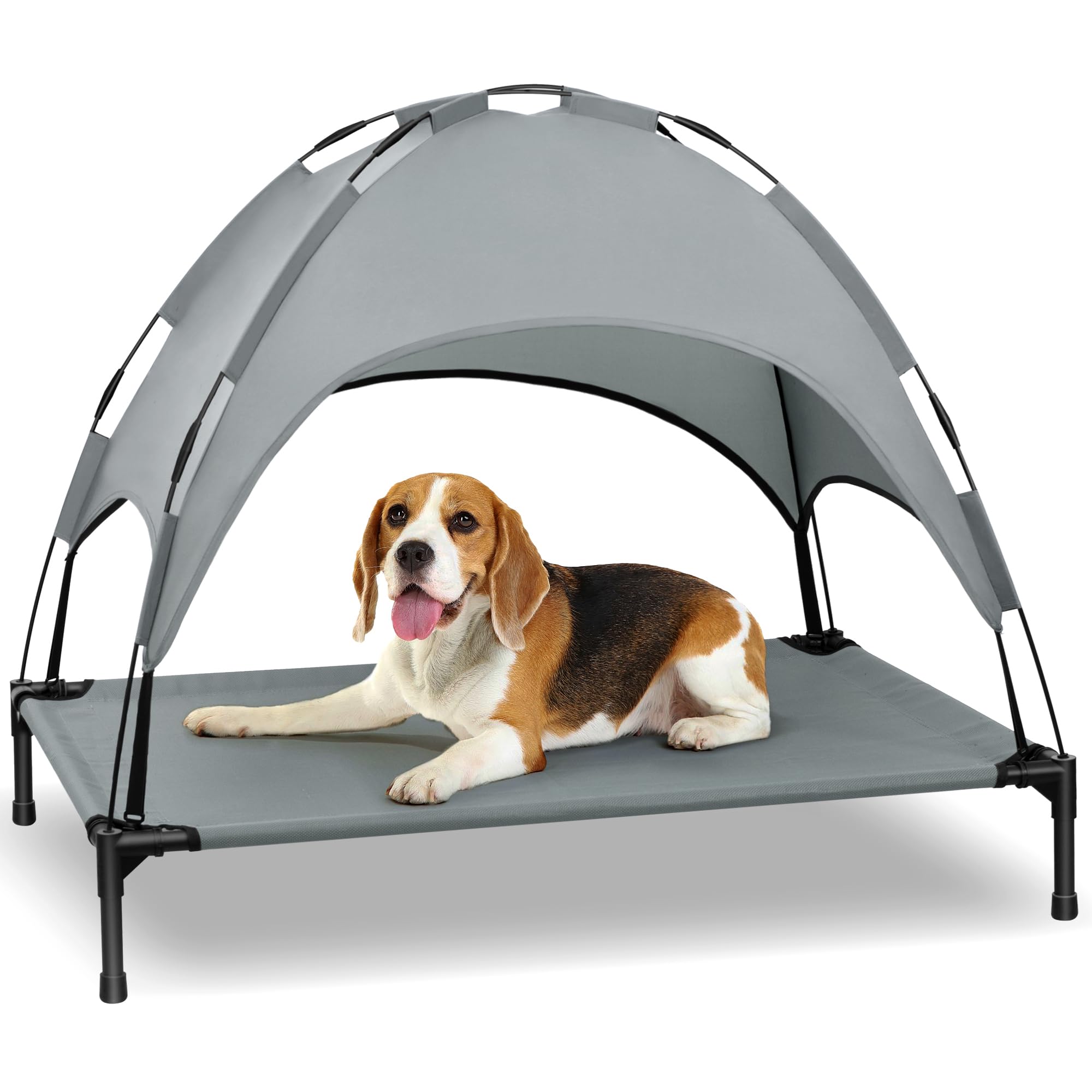 Cama para perro Heeyoo elevada con dosel, sombra y descanso al aire libre.