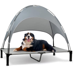 Heeyoo cama para perros elevada con-toldo ofrece sombra y aire fresco al exterior.