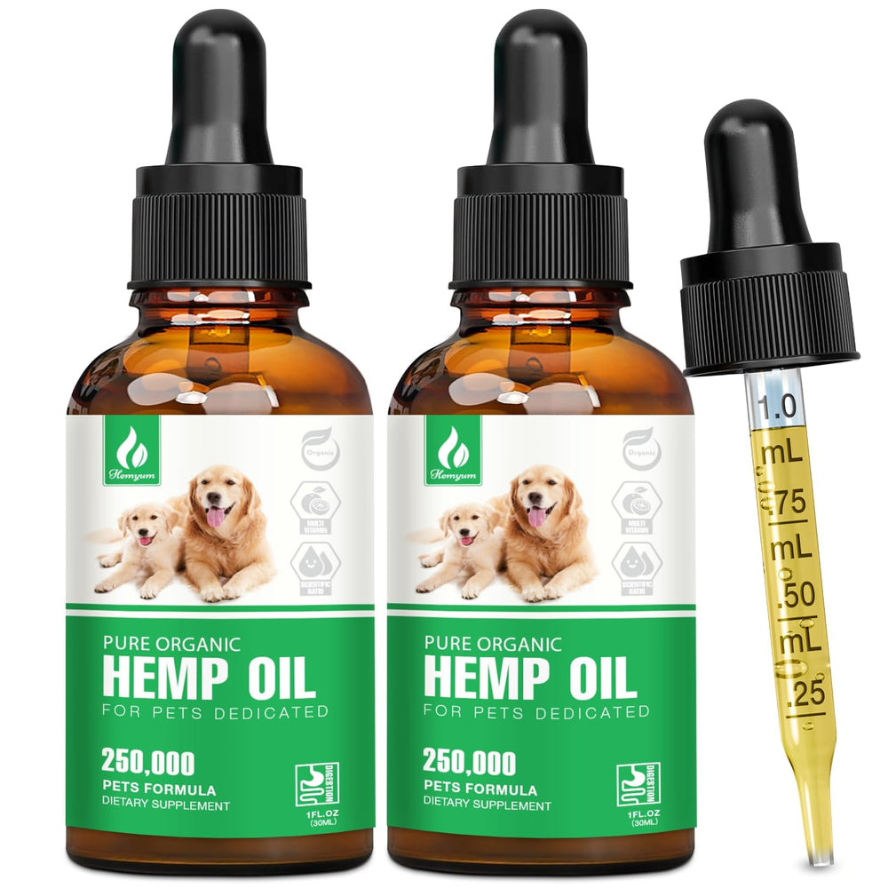 Hemyum aceite de hemp para mascotas en botella de 2 onzas, apoyo a la calma y movilidad.