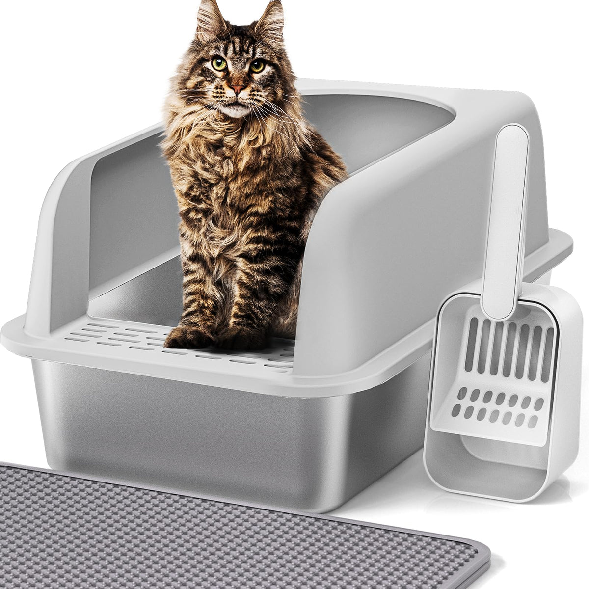 Henkelion caja para arena en acero inoxidable, duradera para gatos grandes.