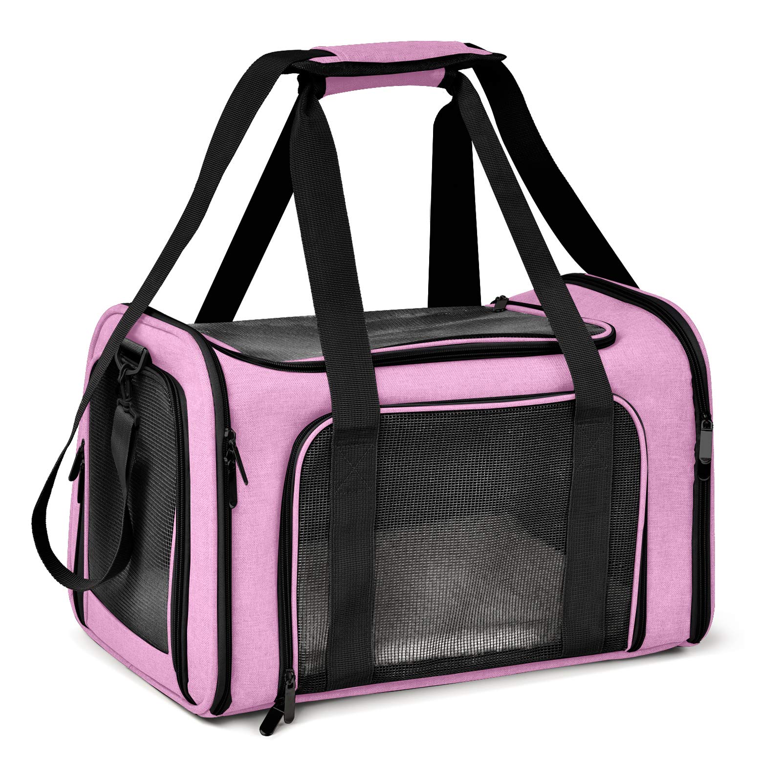 Henkelion portador grande para gatos y perros en rosa, frontal, cómodo y seguro.