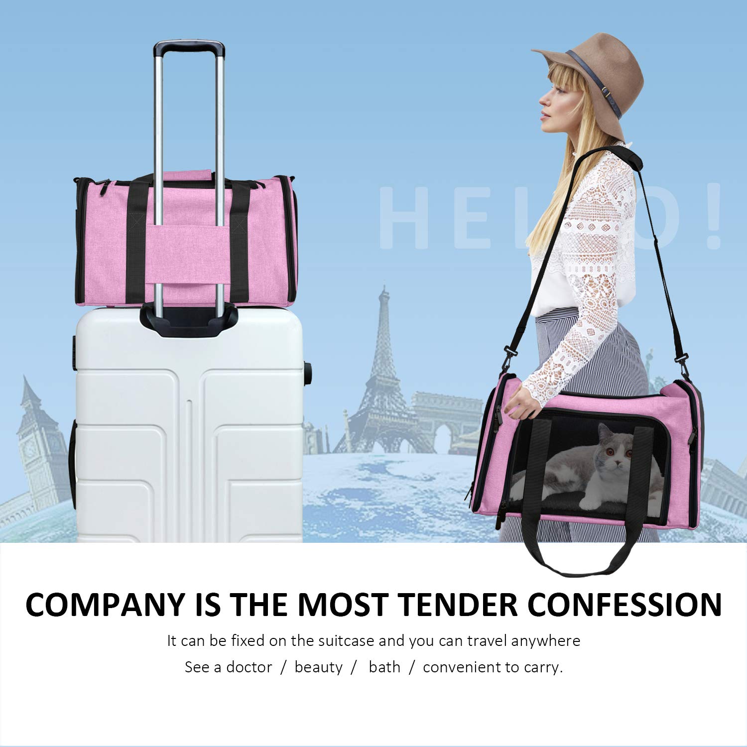 Henkelion transportín portátil y plegable en color rosa.