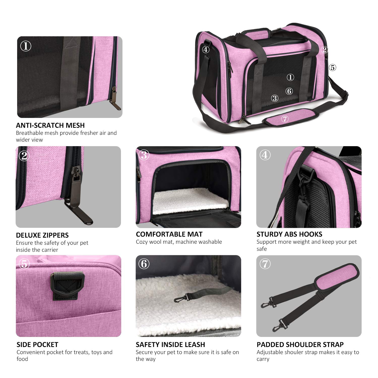 Transportín Henkelion rosa con correa ergonómica para llevar con comodidad.