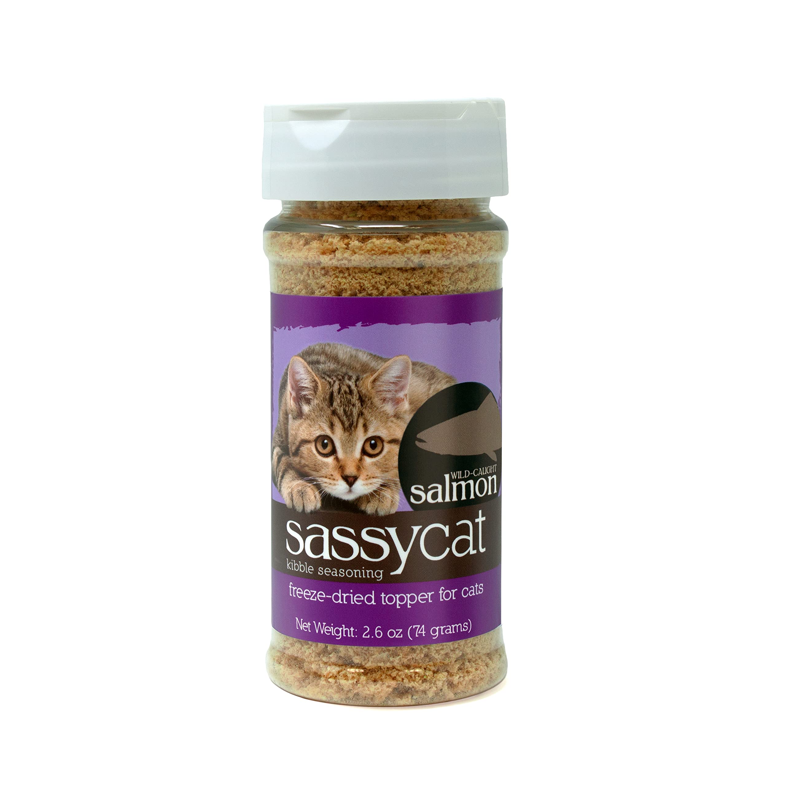 Herbsmith Sassy Cat Seasoning con salmón deshidratado, realce de sabor para gatos exigentes.