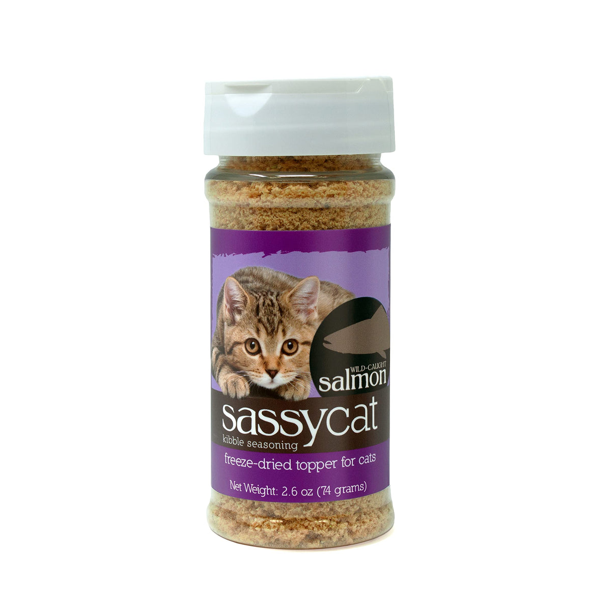Herbsmith Sassy Cat Seasoning con salmón deshidratado, realce de sabor para gatos exigentes.