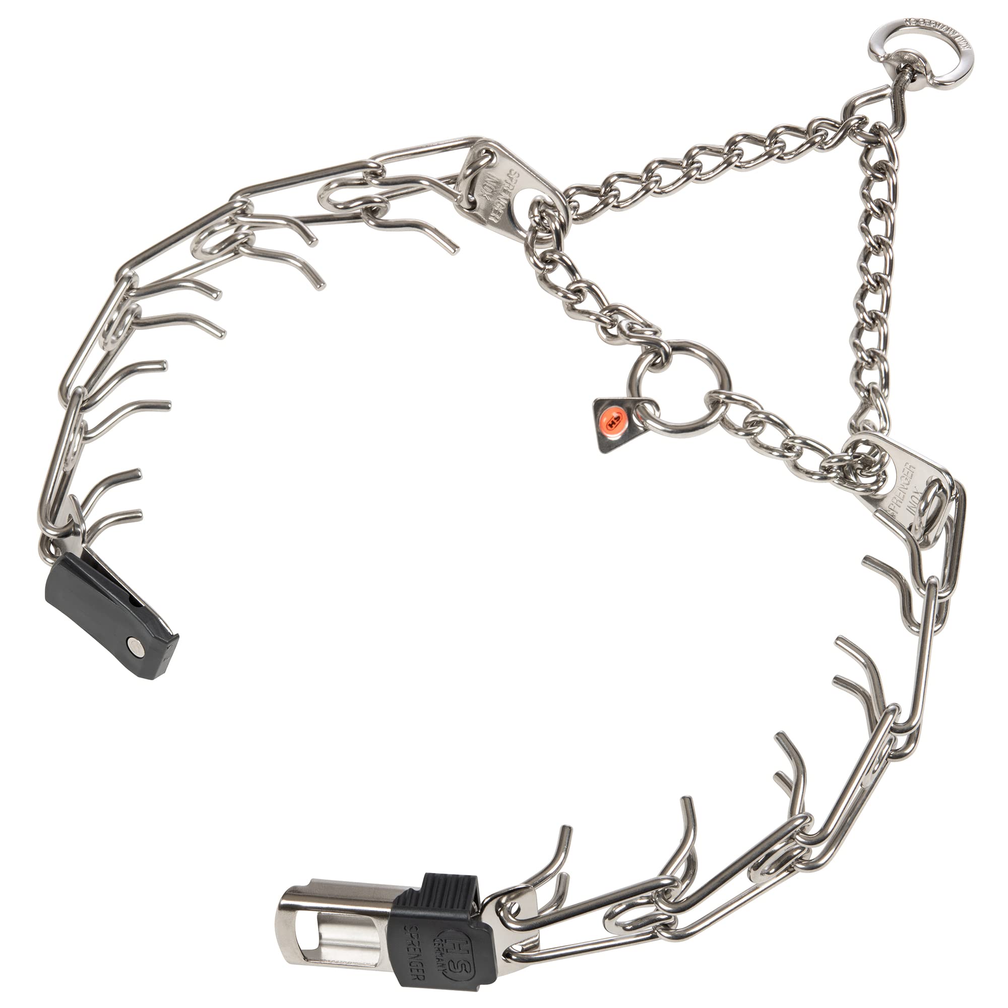 Collar Herm Sprenger con anillo en D giratorio 360° para evitar enredos.