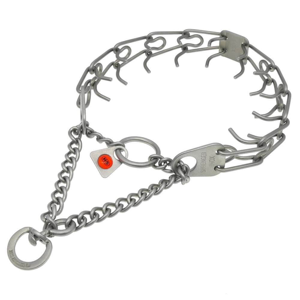 Collar Herm Sprenger de entrenamiento en acero inoxidable mate, enfoque frontal, cómodo y duradero.