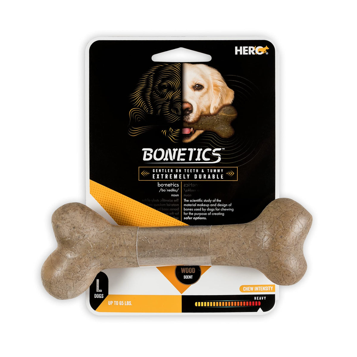Hero Bonetics hueso para perros grandes con aroma a madera, ideal para masticar.