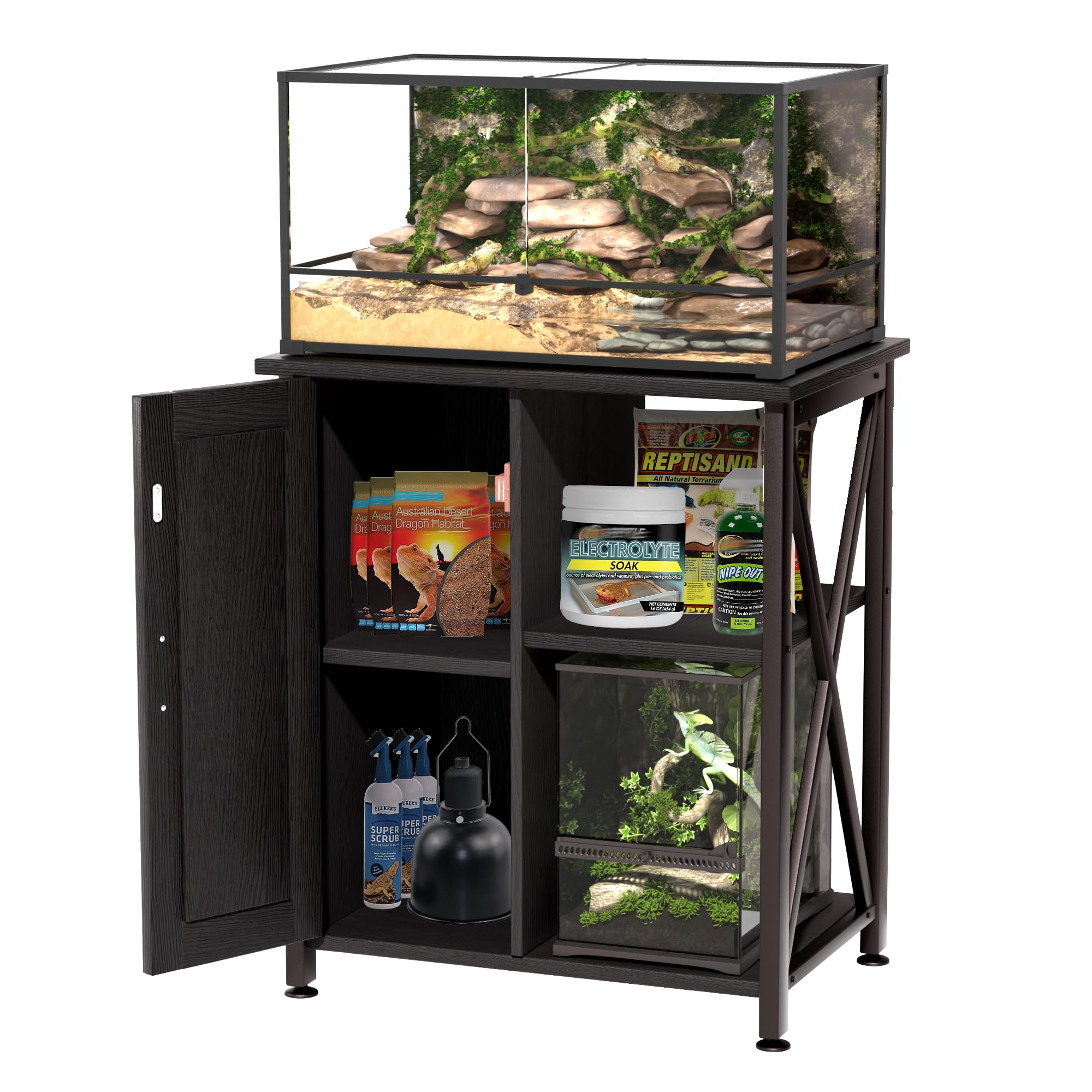 Herture almacenamiento izquierdo con gabinete y estante superior para accesorios.