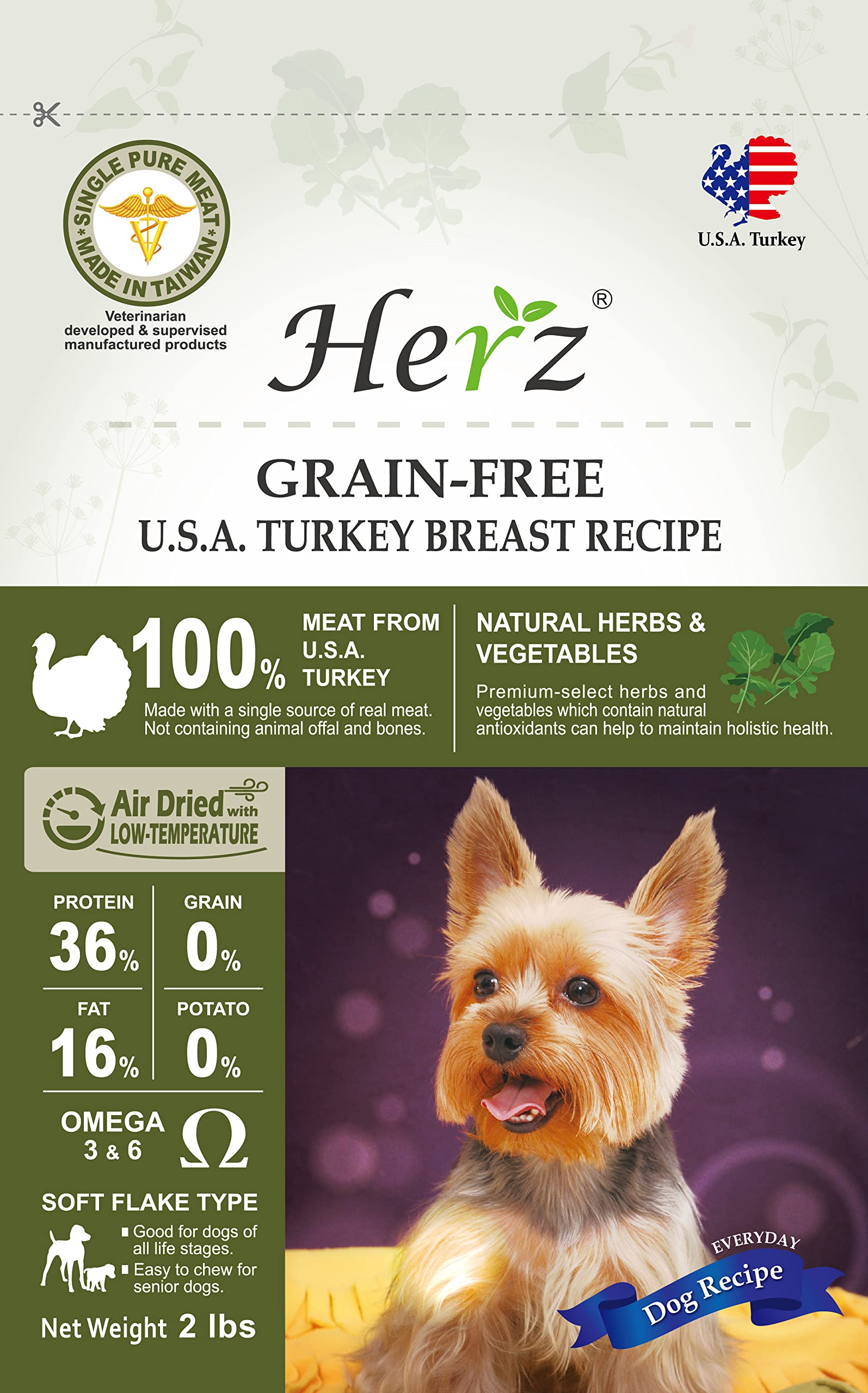 Herz alimento perro deshidratado al aire con pavo, tamaño 2 libras para todas las etapas.