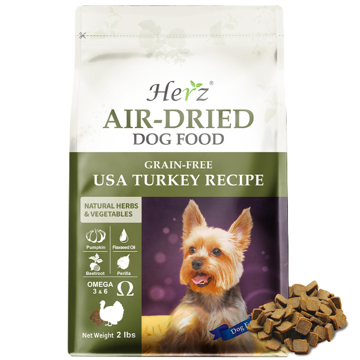 Herz alimento para perro secado al aire con pavo, alto en proteína.