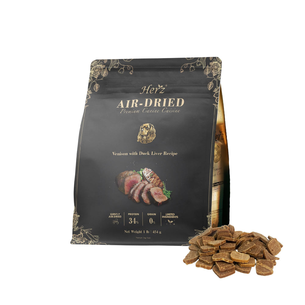 Herz venado-higado-pato 1lb frente de empaque, ideal para una dieta natural de perros.